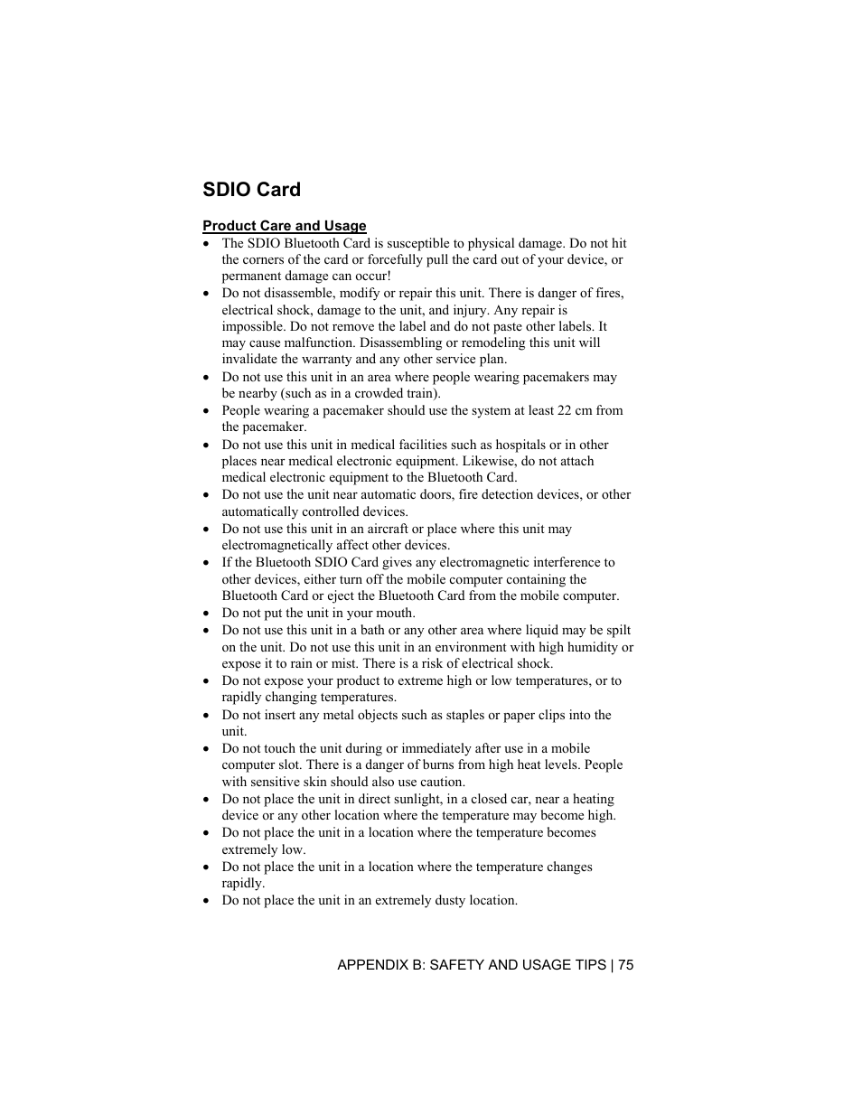 Sdio card | Socket Mobile CompactFlash/SDIO Connection Kit with Bluetooth Wireless Technology User Manual | Page 75 / 91