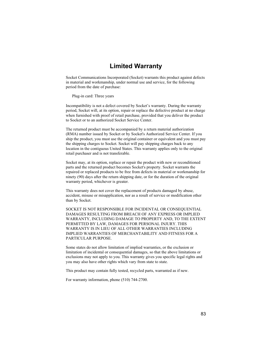 Limited warranty | Socket Mobile CompactFlash/SDIO Connection Kit with Bluetooth Wireless Technology User Manual | Page 83 / 91