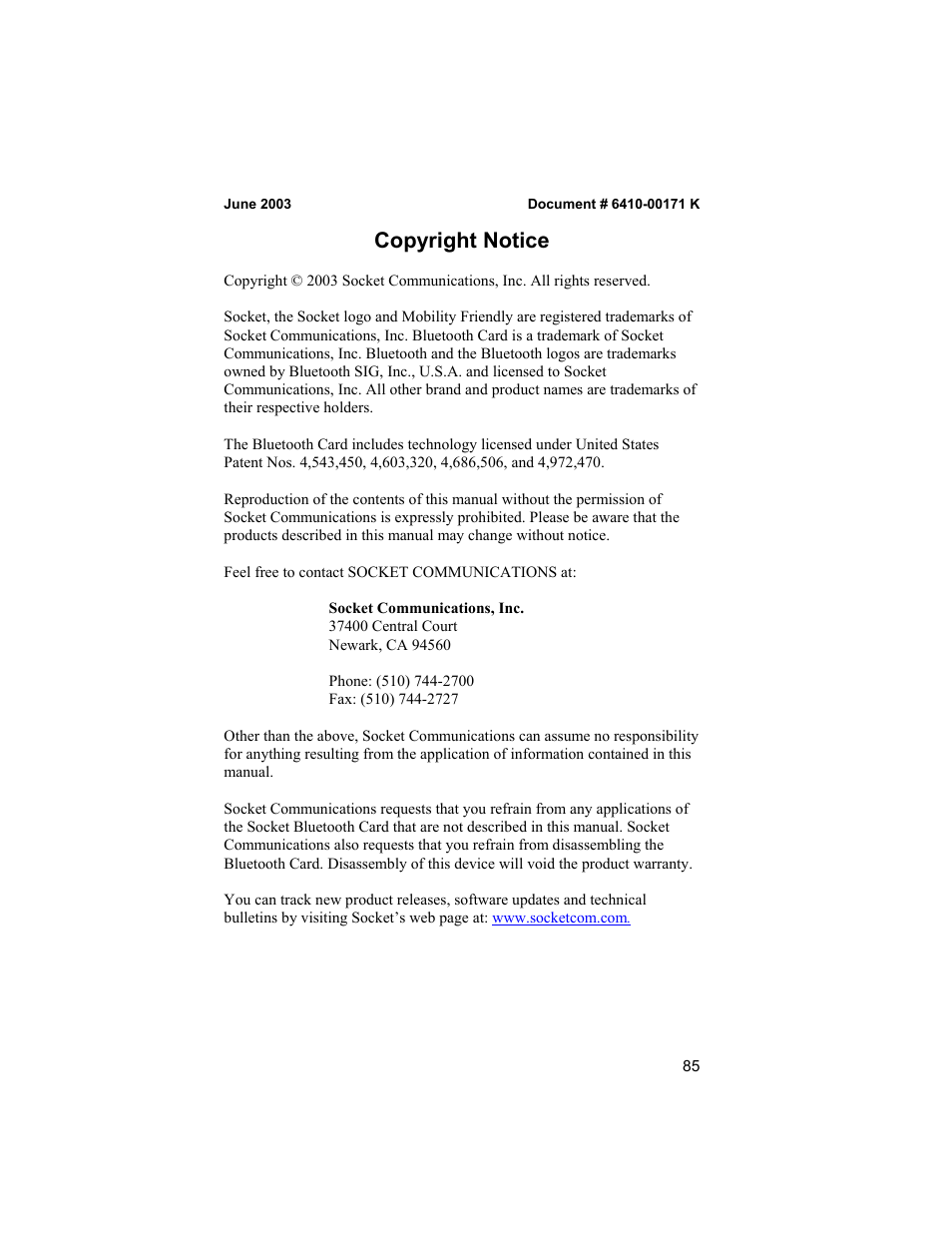 Copyright notice, Regulatory compliance | Socket Mobile CompactFlash/SDIO Connection Kit with Bluetooth Wireless Technology User Manual | Page 85 / 91