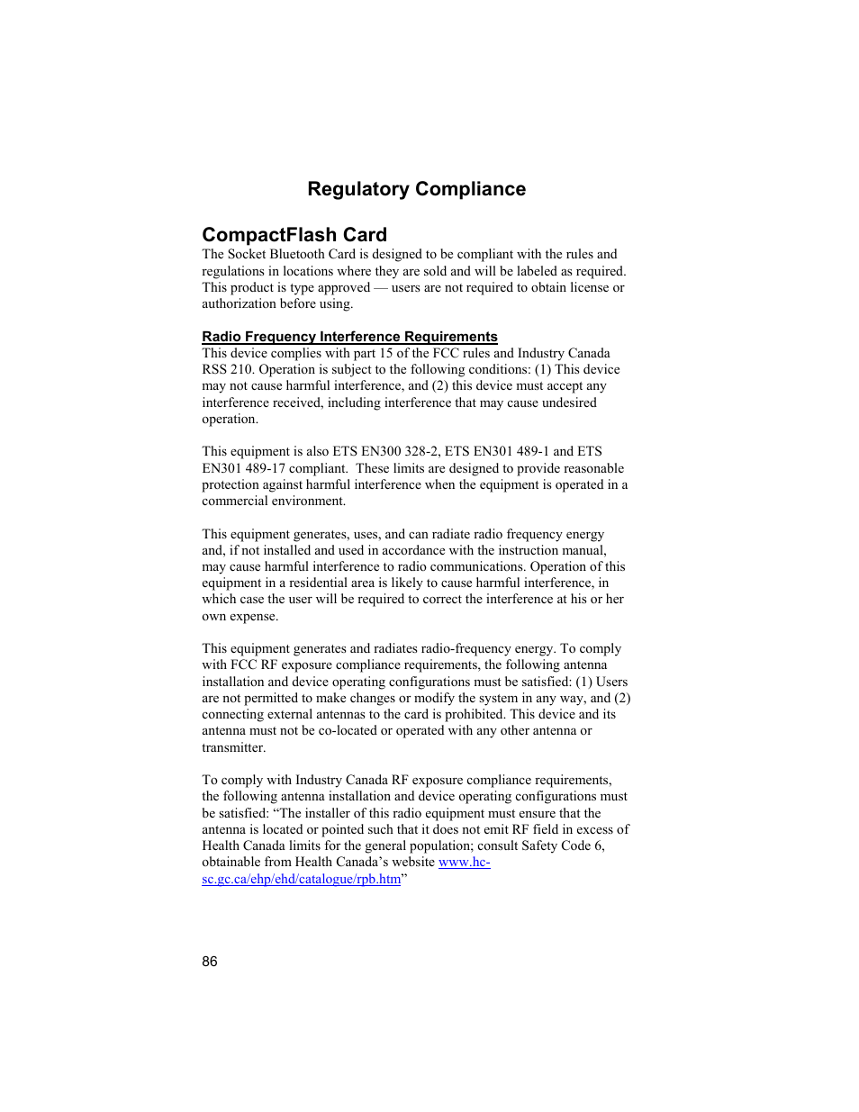 Regulatory compliance compactflash card | Socket Mobile CompactFlash/SDIO Connection Kit with Bluetooth Wireless Technology User Manual | Page 86 / 91