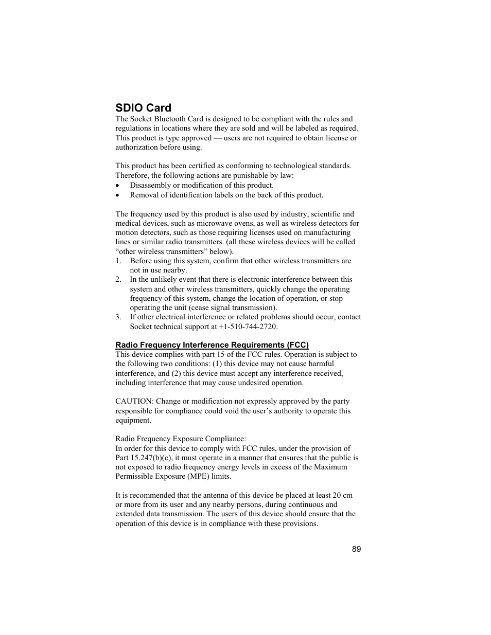 Sdio card | Socket Mobile CompactFlash/SDIO Connection Kit with Bluetooth Wireless Technology User Manual | Page 89 / 91