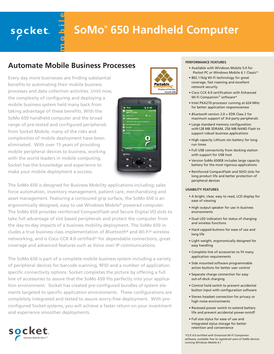 Socket Mobile Socket SoMo Handheld Computer 650 User Manual | 2 pages
