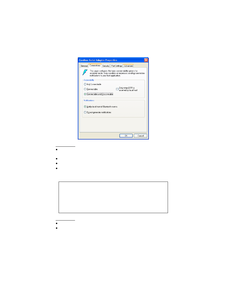Connections properties — acceptor mode, Connections properties — acceptor mode 27 | Socket Mobile Cordless Serial Adapter User Manual | Page 27 / 49