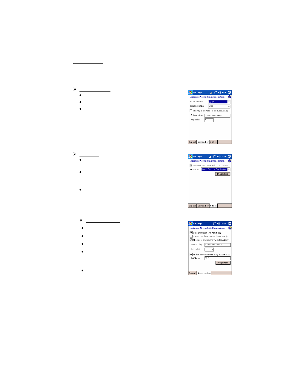 1x networks, Network key tab • authentication: select open, Data encryption: select wep | The key is provided for me automatically: check, When done, tap ok, Authentication tab, Data encryption (wep enabled): check, Network authentication (shared mode): uncheck, The key is provided to me automatically: check | Socket Mobile E500 User Manual | Page 30 / 63