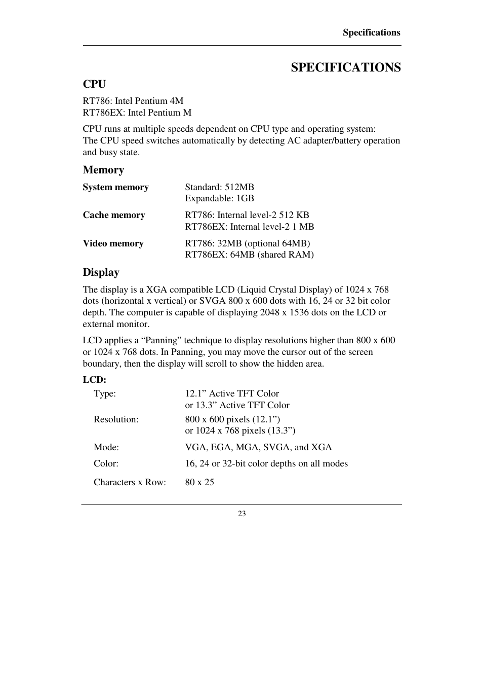 Specifications | Socket Mobile RT786 RT786EX User Manual | Page 31 / 48
