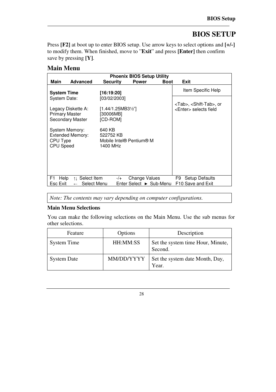 Bios setup, Main menu | Socket Mobile RT786 RT786EX User Manual | Page 36 / 48