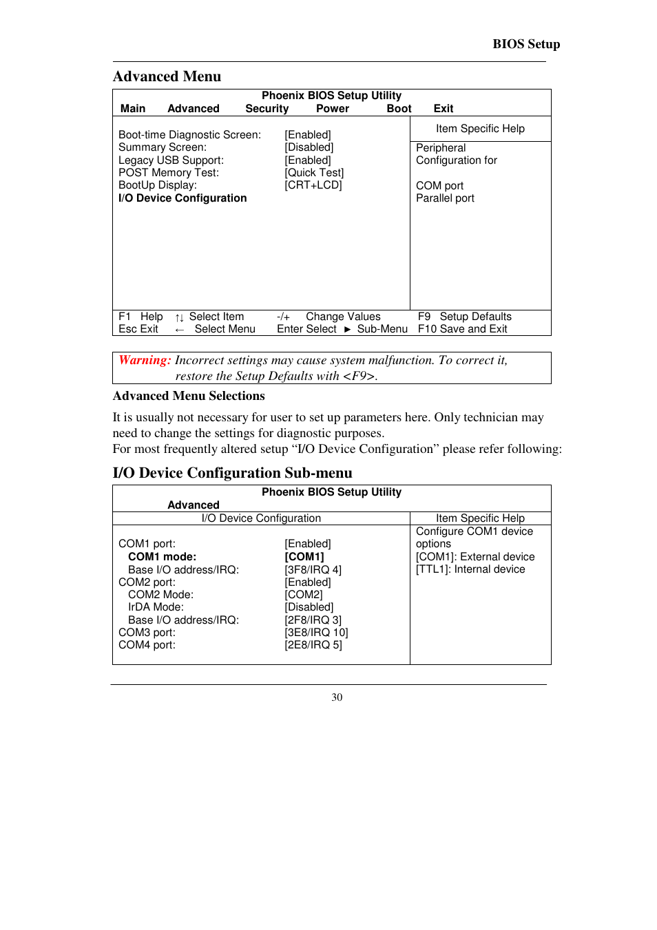 Advanced menu, I/o device configuration sub-menu | Socket Mobile RT786 RT786EX User Manual | Page 38 / 48