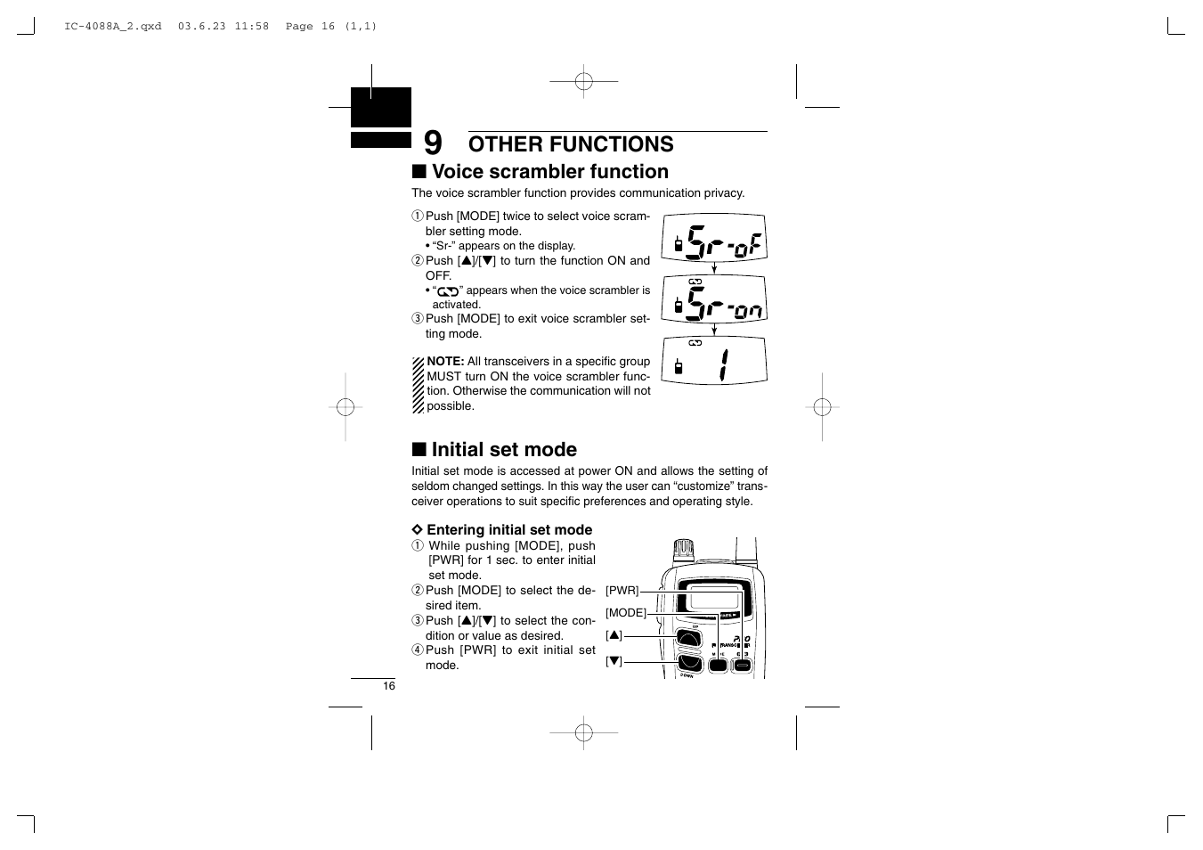 Other functions, Voice scrambler function, Initial set mode | Socket Mobile IC-4088A User Manual | Page 22 / 32