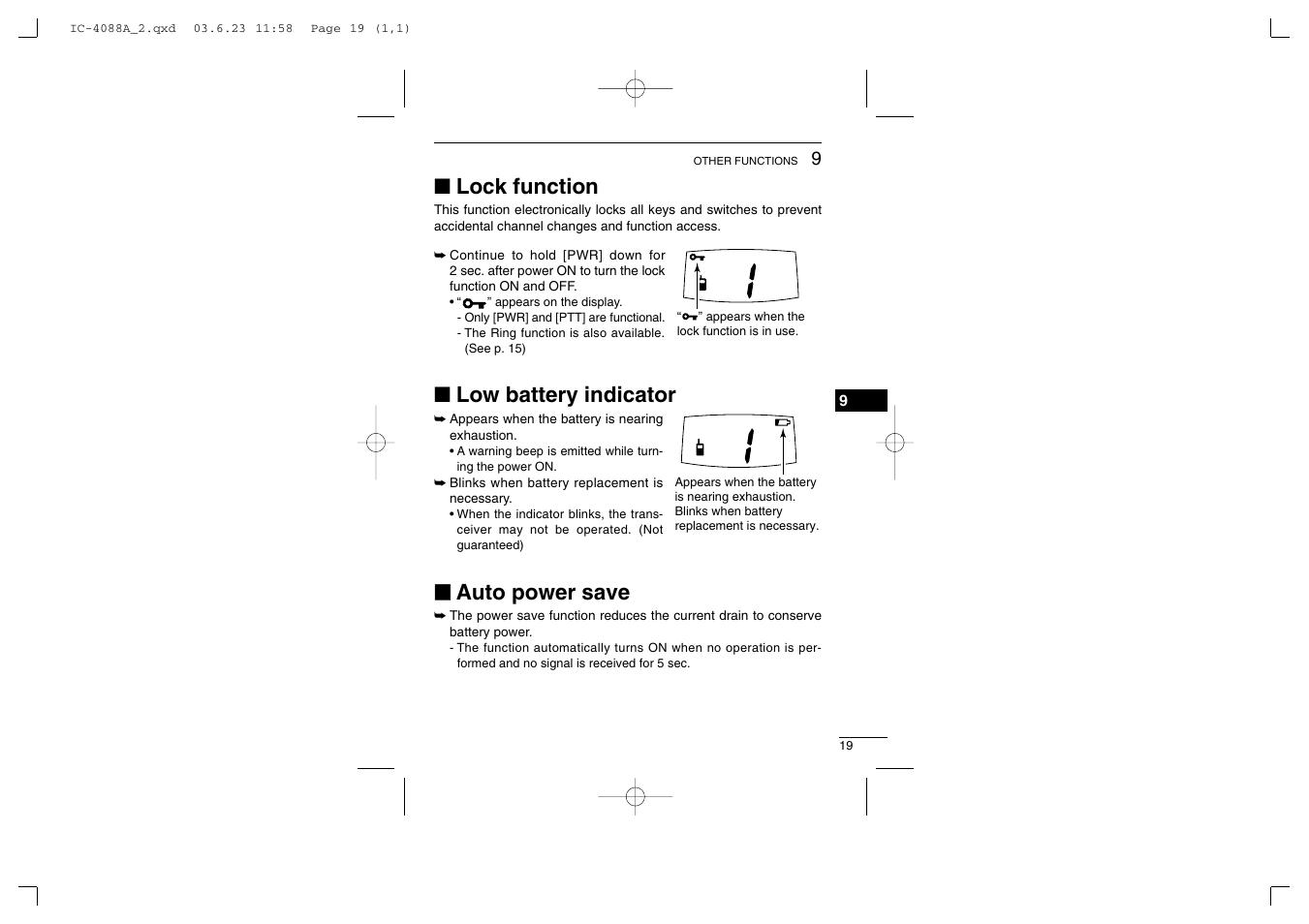 Lock function, Low battery indicator, Auto power save | Socket Mobile IC-4088A User Manual | Page 25 / 32