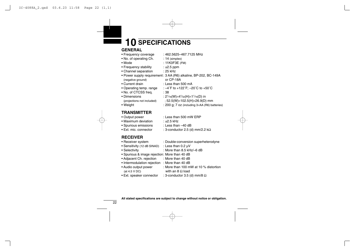 Specifications | Socket Mobile IC-4088A User Manual | Page 28 / 32