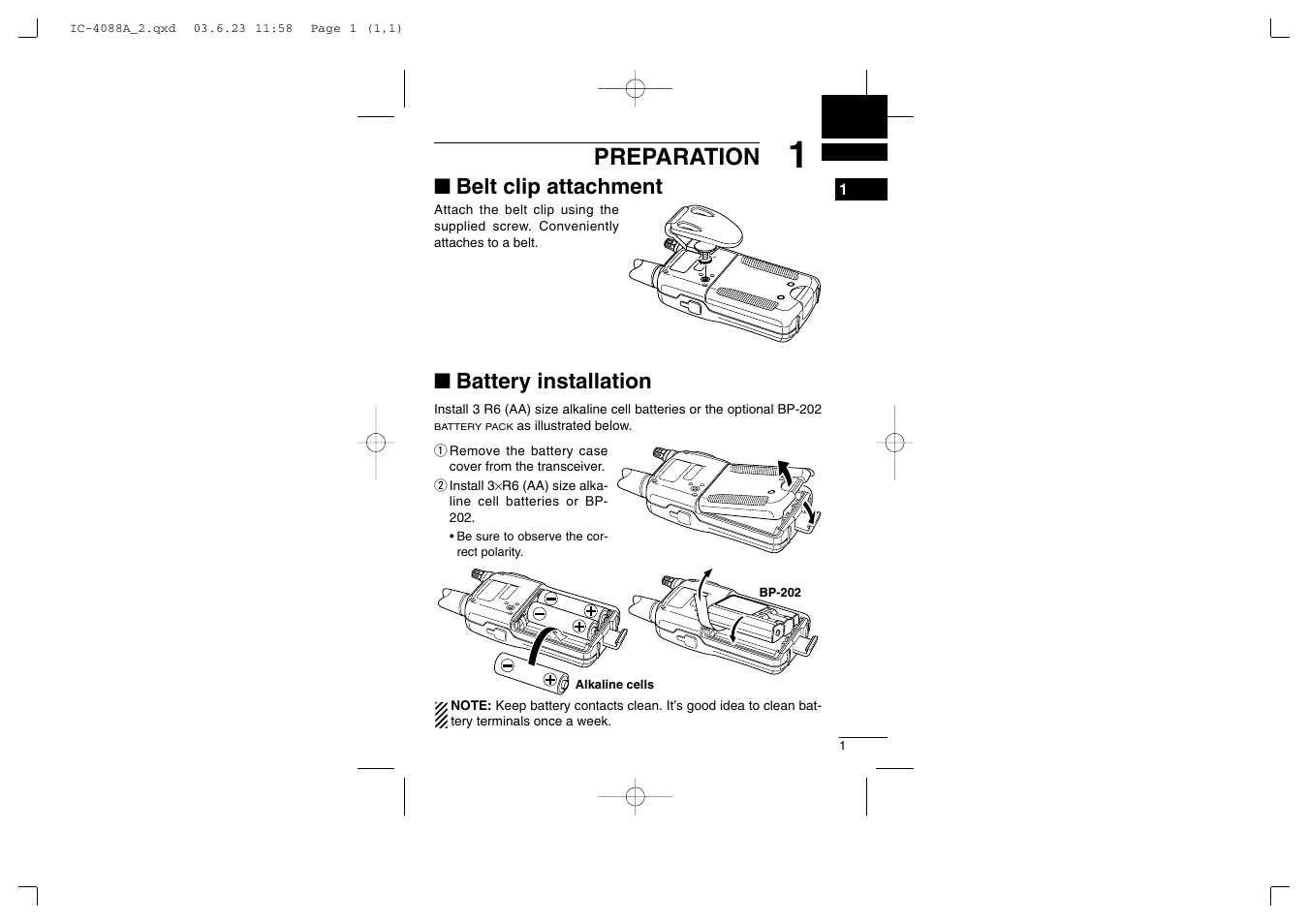 Preparation, Belt clip attachment, Battery installation | Socket Mobile IC-4088A User Manual | Page 7 / 32