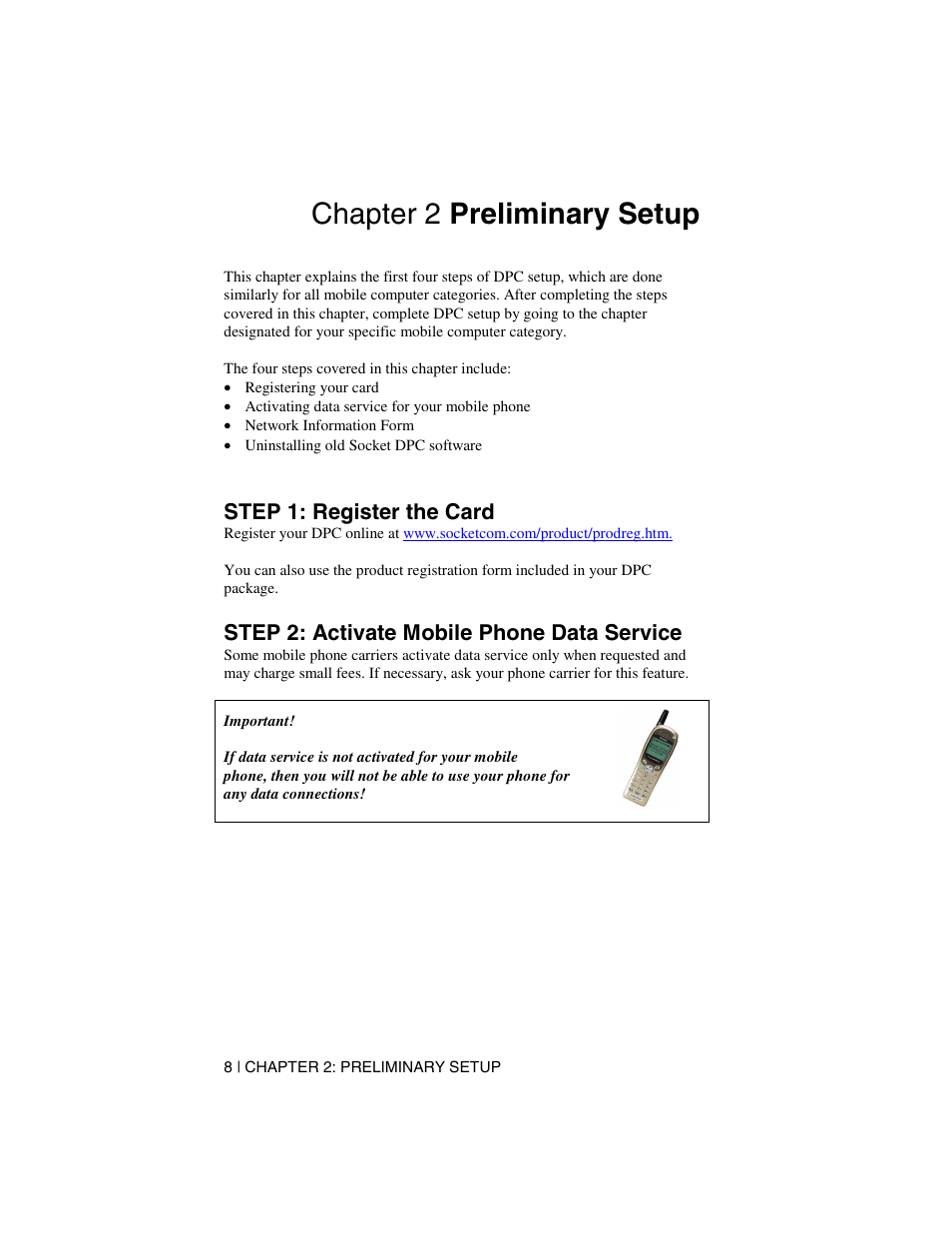 Chapter 2 preliminary setup, Step 1: register the card, Step 2: activate mobile phone data service | Socket Mobile Digital Phone Card for Data-Capable Mobile Phone User Manual | Page 10 / 69