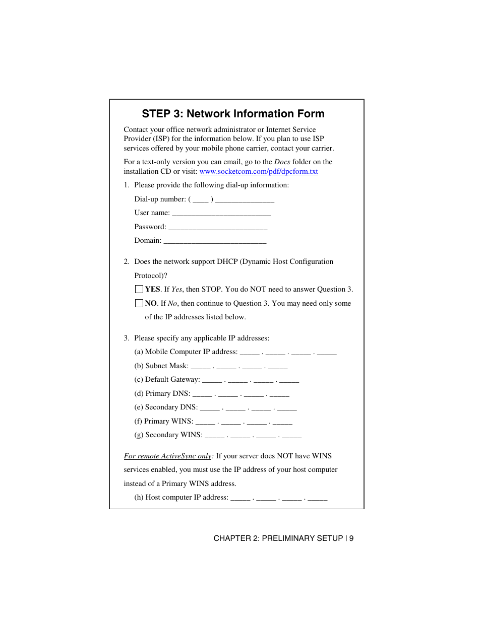 Step 3: network information form | Socket Mobile Digital Phone Card for Data-Capable Mobile Phone User Manual | Page 11 / 69
