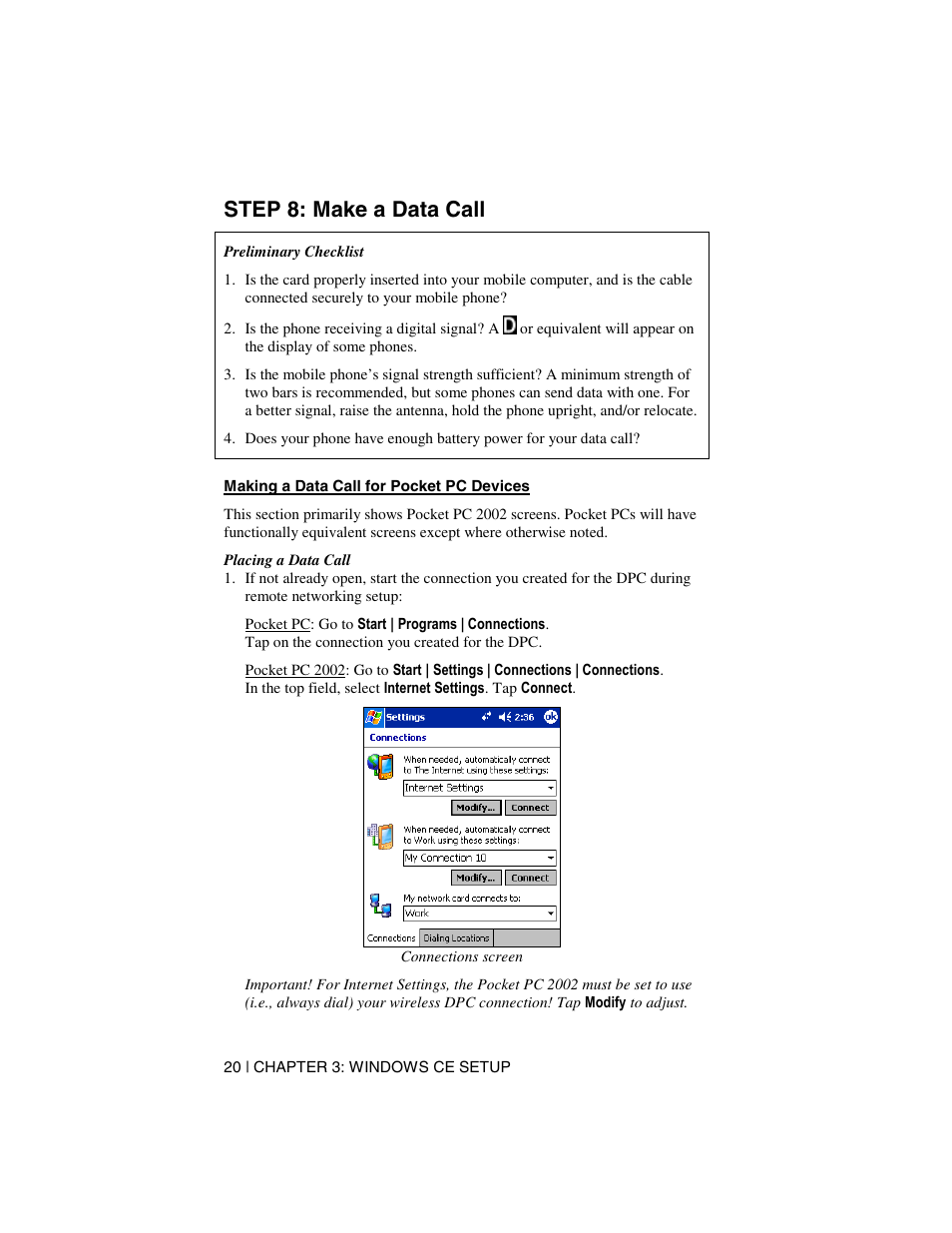 Step 8: make a data call, Making a data call for pocket pc devices | Socket Mobile Digital Phone Card for Data-Capable Mobile Phone User Manual | Page 22 / 69