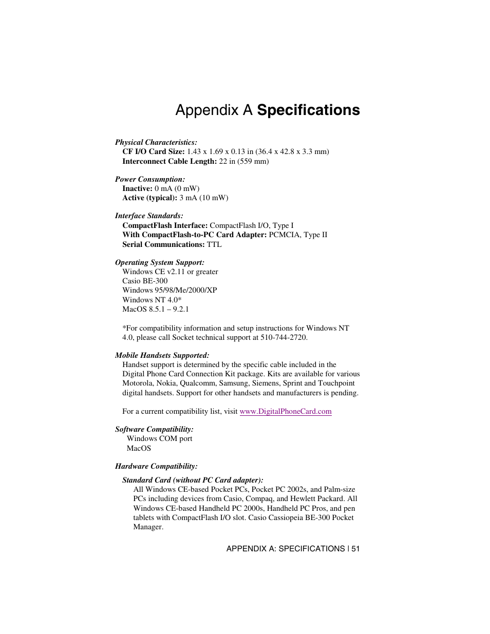 Appendix a specifications | Socket Mobile Digital Phone Card for Data-Capable Mobile Phone User Manual | Page 53 / 69