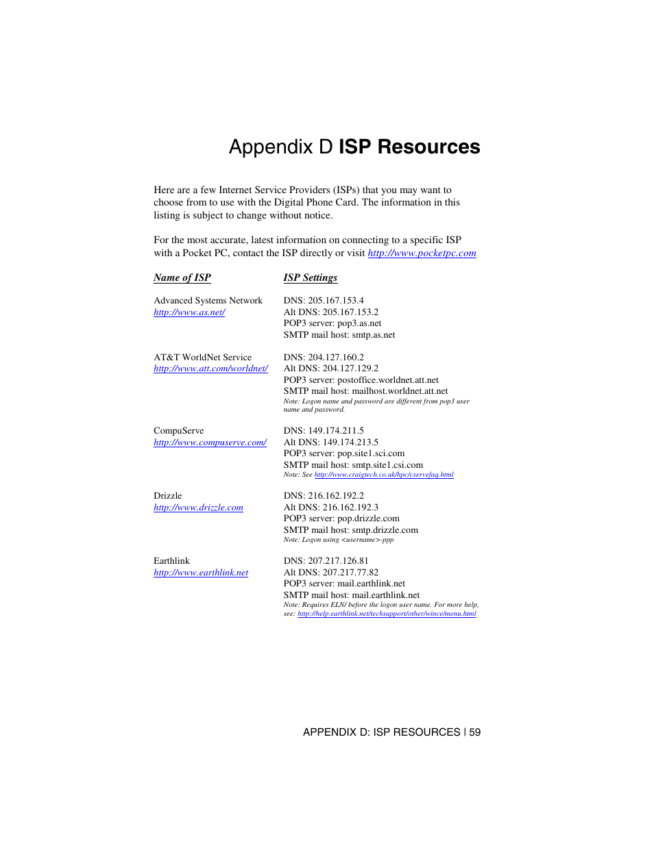 Appendix d isp resources | Socket Mobile Digital Phone Card for Data-Capable Mobile Phone User Manual | Page 61 / 69