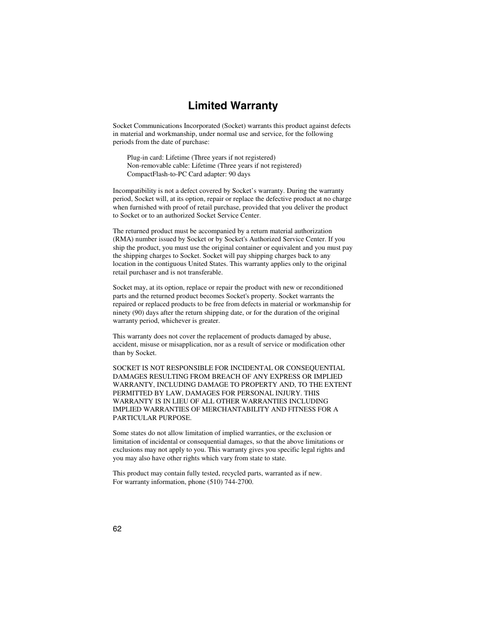 Limited warranty | Socket Mobile Digital Phone Card for Data-Capable Mobile Phone User Manual | Page 64 / 69