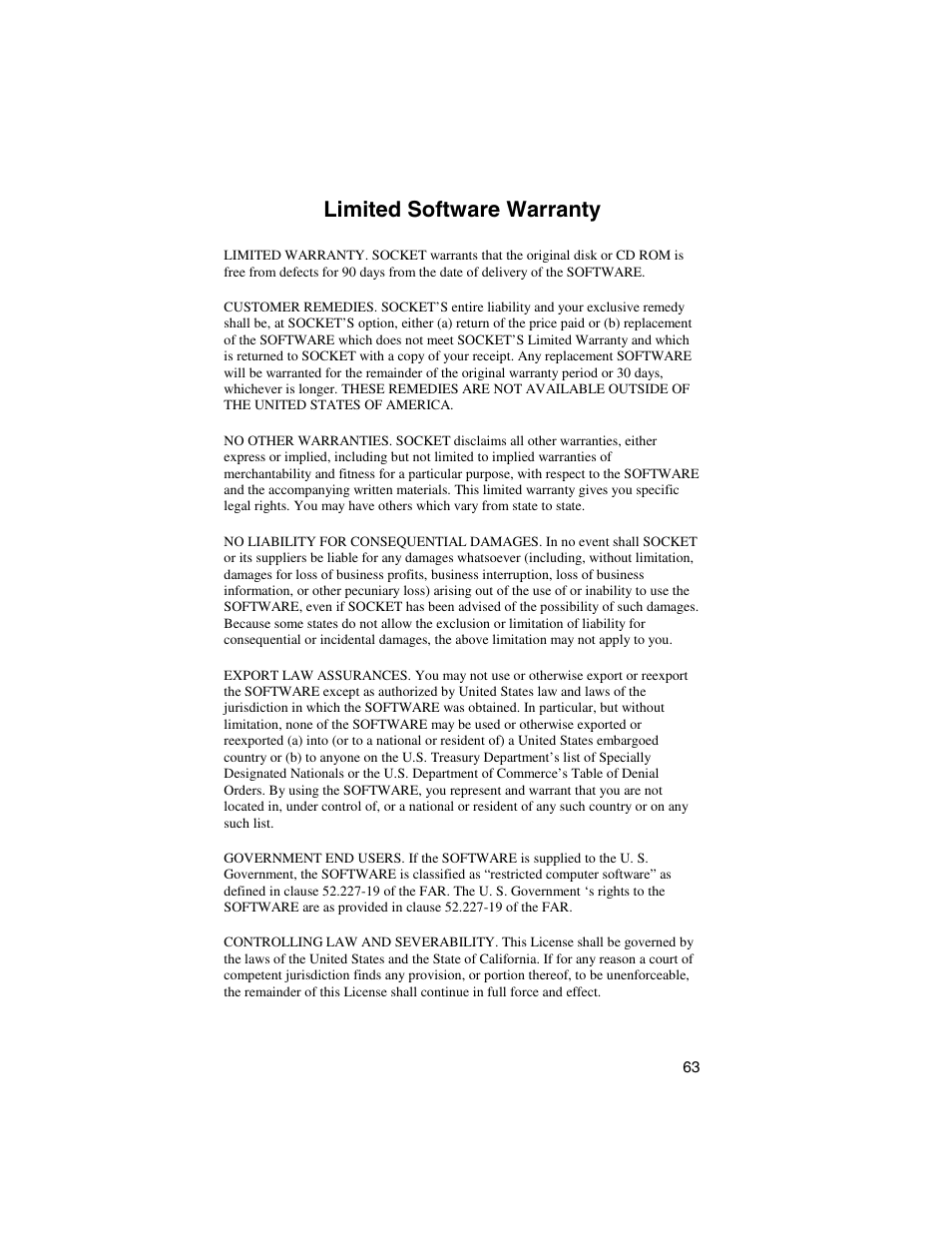 Limited software warranty | Socket Mobile Digital Phone Card for Data-Capable Mobile Phone User Manual | Page 65 / 69
