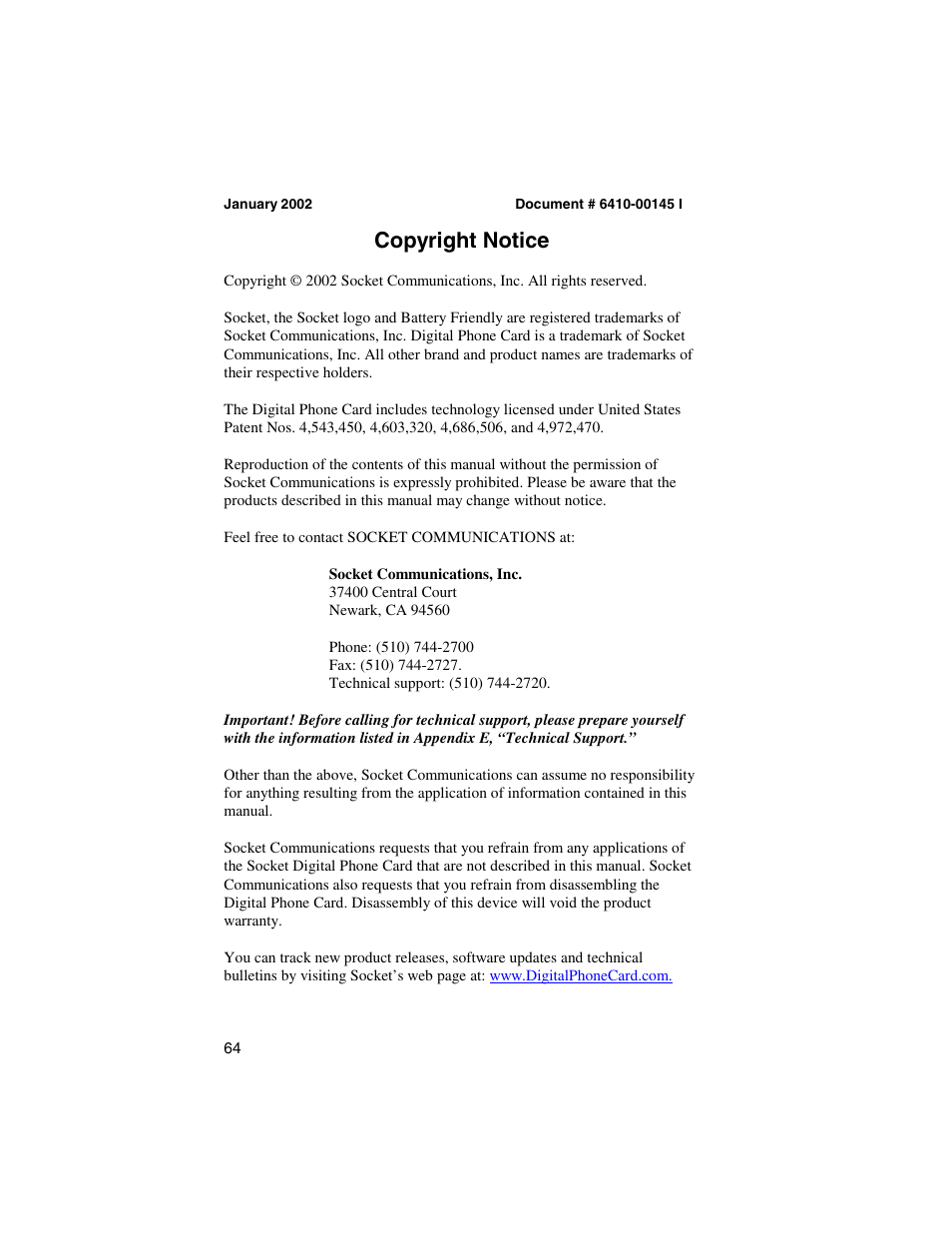Copyright notice | Socket Mobile Digital Phone Card for Data-Capable Mobile Phone User Manual | Page 66 / 69