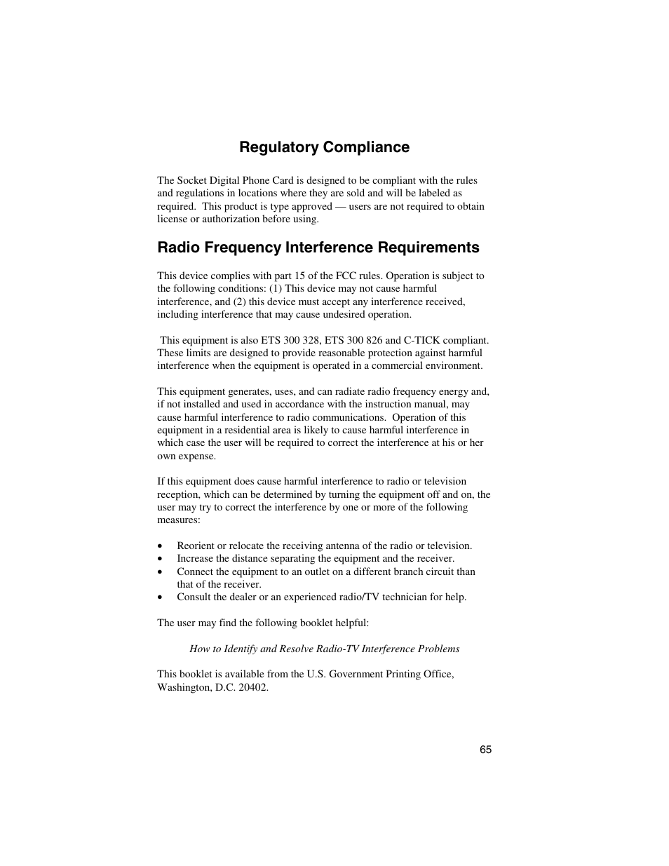 Regulatory compliance, Radio frequency interference requirements | Socket Mobile Digital Phone Card for Data-Capable Mobile Phone User Manual | Page 67 / 69