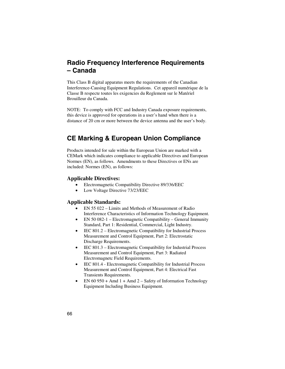 Radio frequency interference requirements – canada, Ce marking & european union compliance | Socket Mobile Digital Phone Card for Data-Capable Mobile Phone User Manual | Page 68 / 69