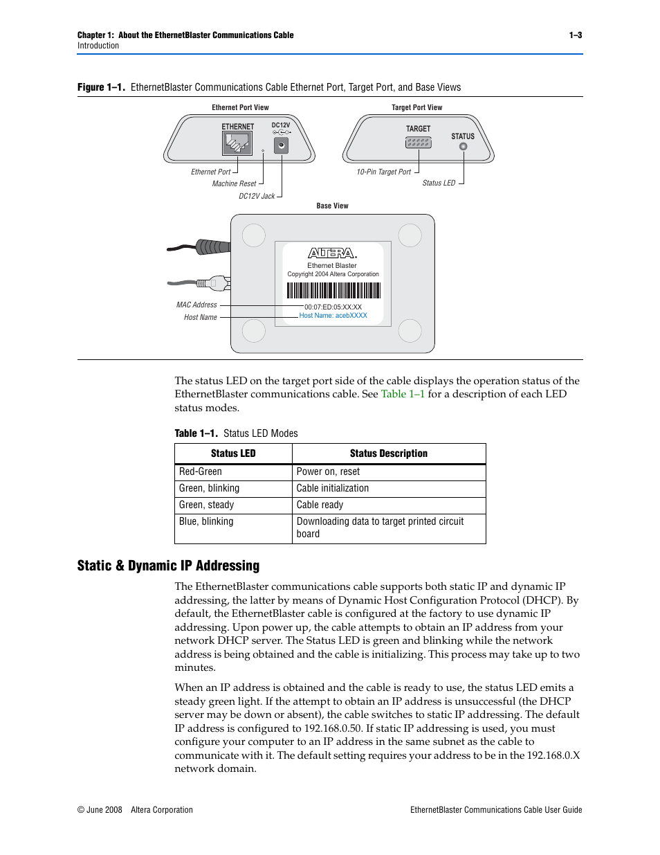 Static & dynamic ip addressing, Static & dynamic ip addressing –3, Table 1–1: status led modes -3 | Socket Mobile Ethernet Blaster Communications Cable User Manual | Page 11 / 35