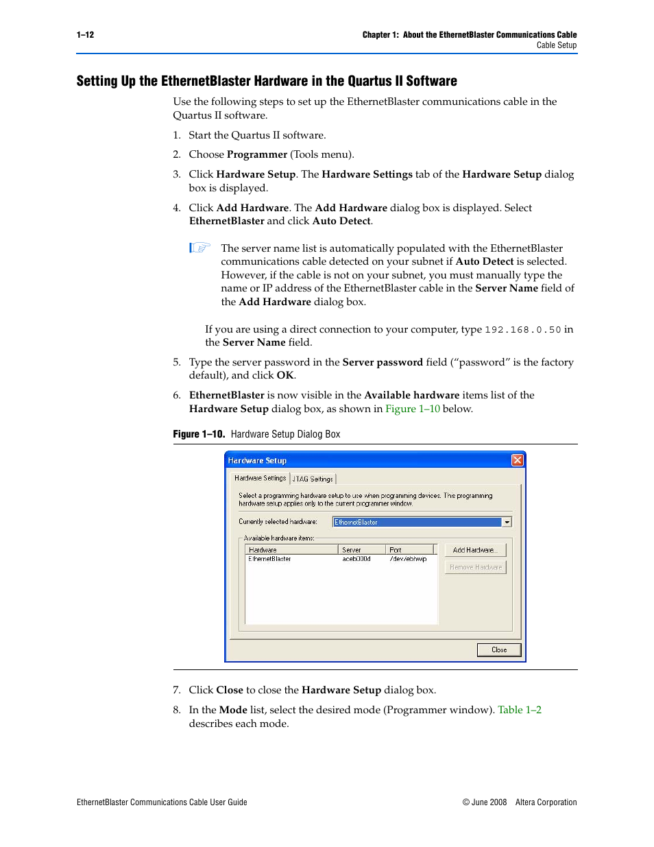 Figure 1–10: hardware setup dialog box -12, To set up, Setting up the ethernetblaster hardware in the | Socket Mobile Ethernet Blaster Communications Cable User Manual | Page 20 / 35
