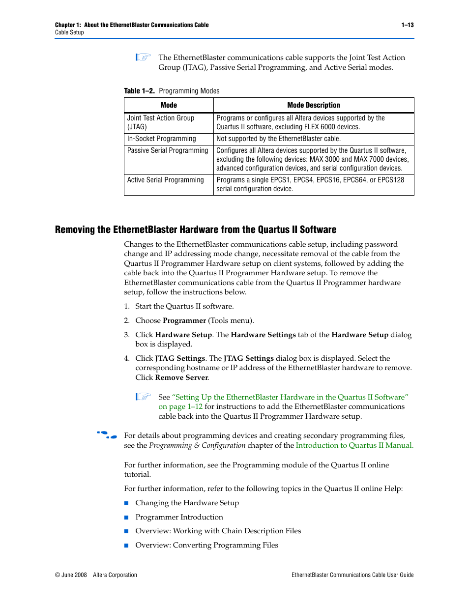 Table 1–2: programming modes -13, Table 1–2 | Socket Mobile Ethernet Blaster Communications Cable User Manual | Page 21 / 35