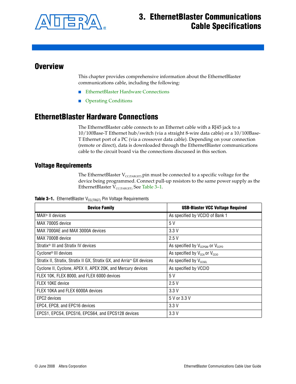 Overview, Ethernetblaster hardware connections, Voltage requirements | Voltage requirements –1, Table 3–1: ethernetblaster vcc(trgt) pin volt | Socket Mobile Ethernet Blaster Communications Cable User Manual | Page 29 / 35