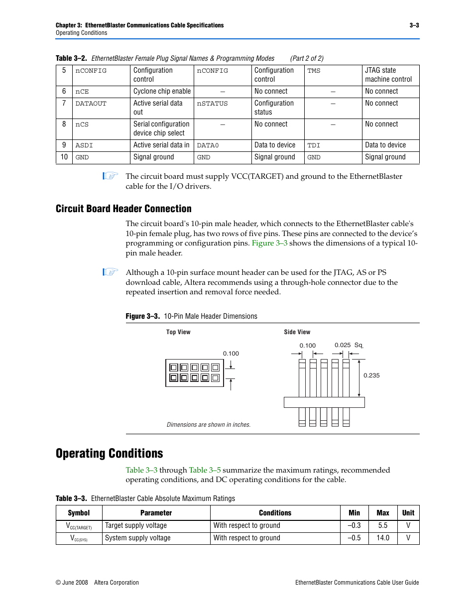 Circuit board header connection, Operating conditions, Circuit board header connection –3 | Operating conditions –3, Figure 3–3: 10-pin male header dimensions -3 | Socket Mobile Ethernet Blaster Communications Cable User Manual | Page 31 / 35