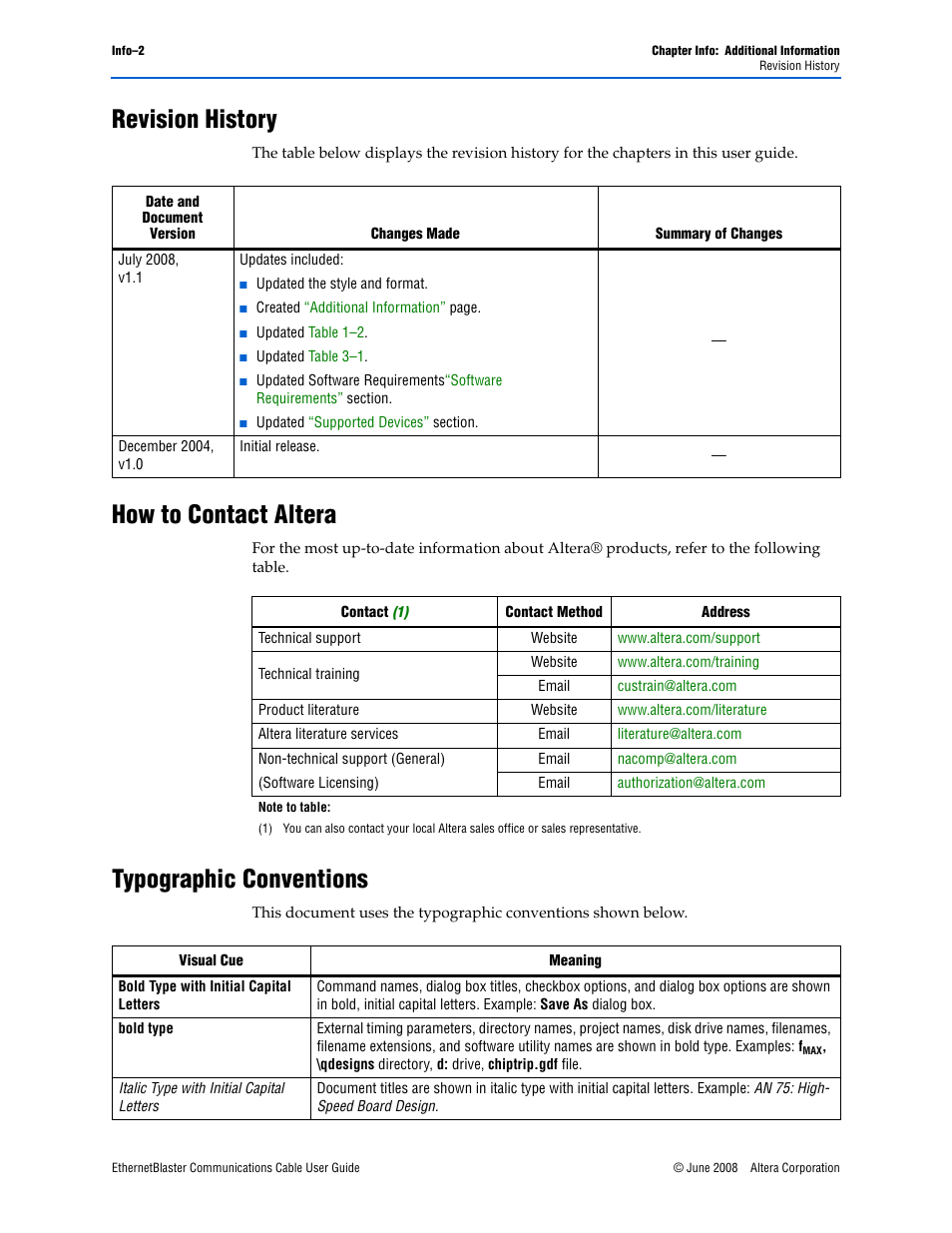 Revision history, How to contact altera, Typographic conventions | Socket Mobile Ethernet Blaster Communications Cable User Manual | Page 34 / 35