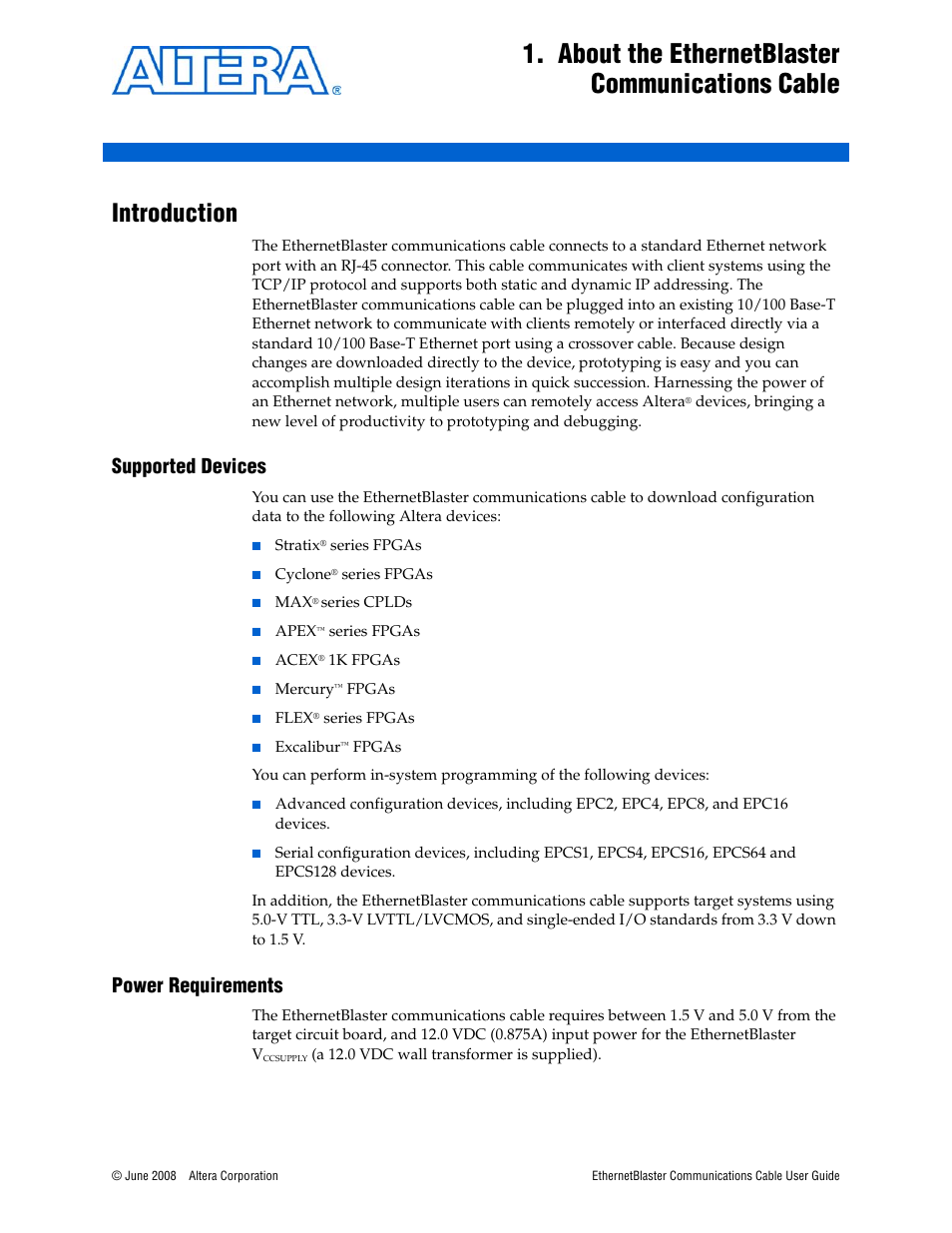 About the ethernetblaster communications cable, Introduction, Supported devices | Power requirements, Introduction –1, Supported devices –1 power requirements –1 | Socket Mobile Ethernet Blaster Communications Cable User Manual | Page 9 / 35