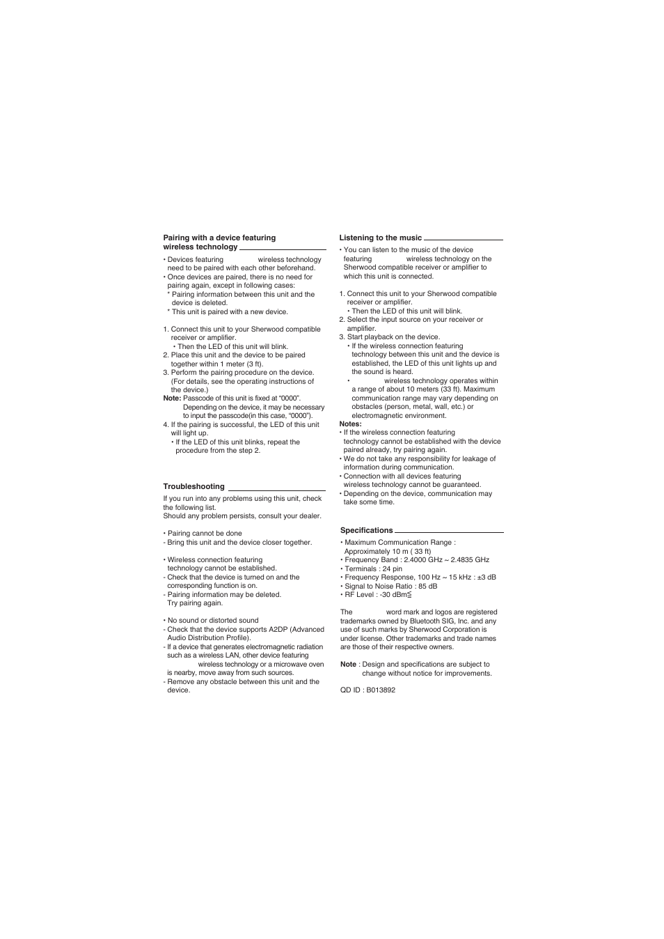 Sherwood BT-R7 User Manual | Page 2 / 2