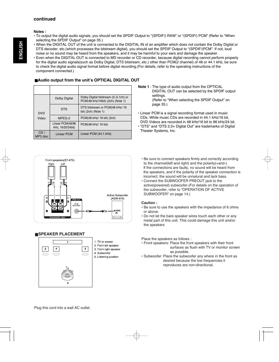 Connecting speakers, Ac input cord | Sherwood ST-670 User Manual | Page 8 / 60