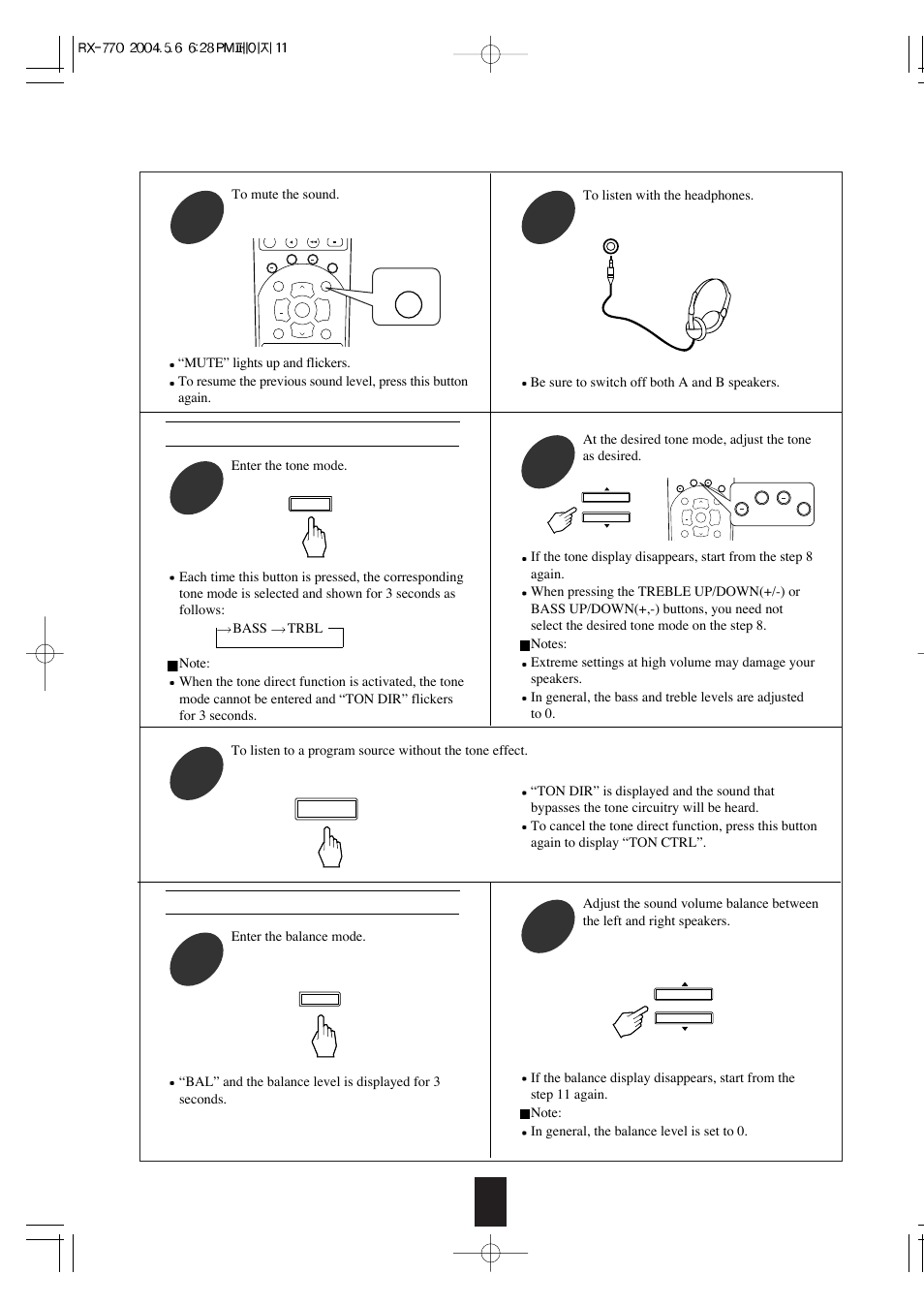 Adjusting the tone(bass and treble), Adjusting the sound volume balance, Mute | Sherwood RX-770 User Manual | Page 11 / 17