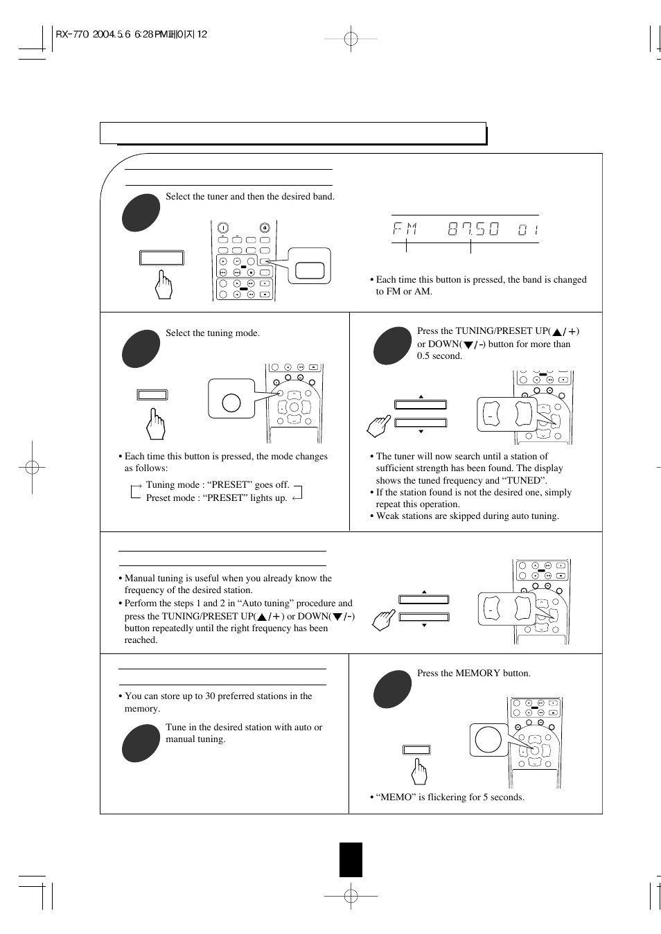 Listening to radio broadcasts, Presetting radio stations auto tuning, Manual tuning | Select the tuning mode, Band frequency | Sherwood RX-770 User Manual | Page 12 / 17