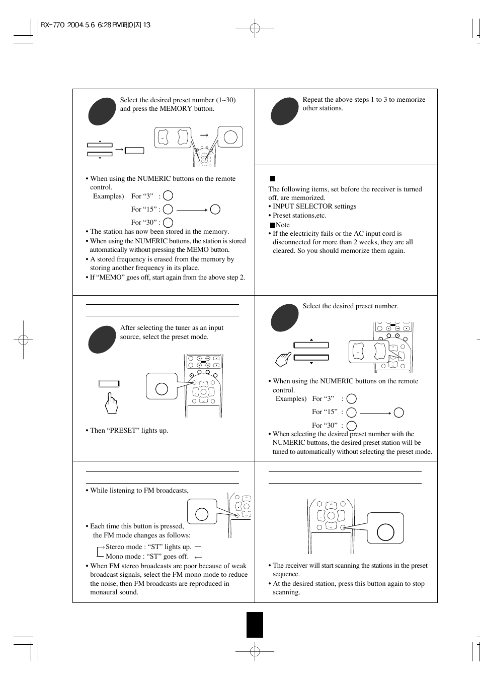 Listening to fm stereo broadcasts, Scanning preset stations in sequence, Tuning to preset stations | Select the desired preset number, Treble, Tune, P.scan | Sherwood RX-770 User Manual | Page 13 / 17