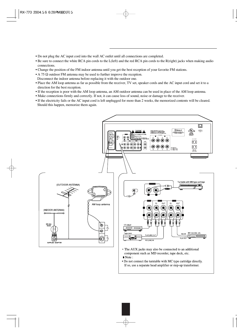 System connections, Connecting antennas, Connecting audio components | Sherwood RX-770 User Manual | Page 5 / 17