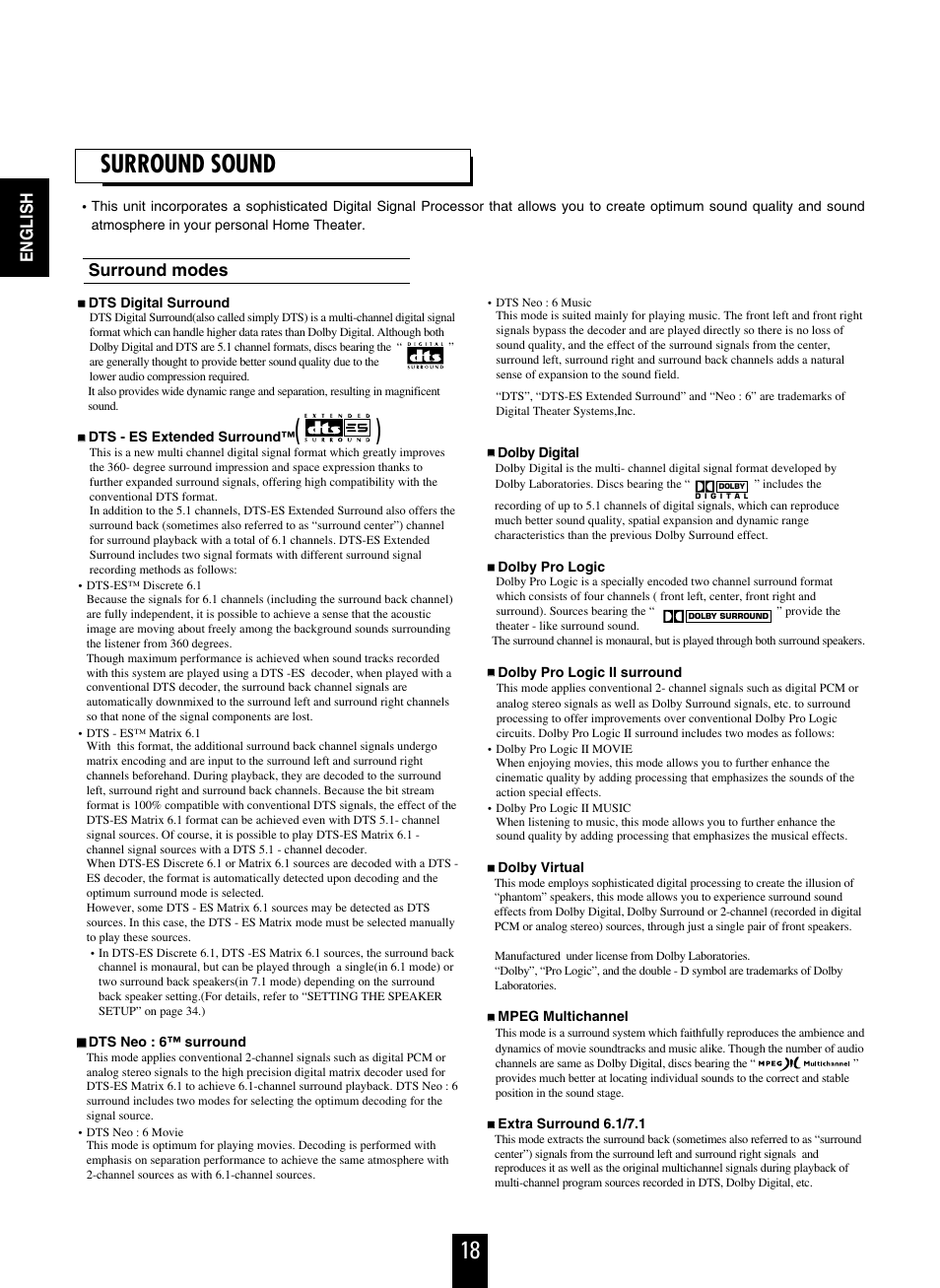 18 surround sound | Sherwood R-863 User Manual | Page 18 / 48