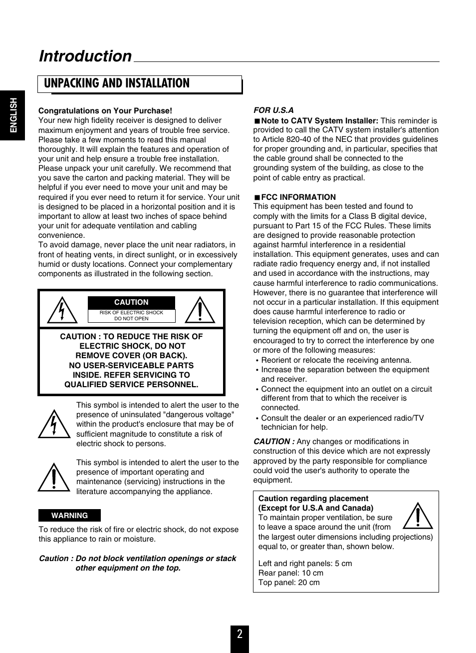 Introduction, Unpacking and installation | Sherwood R-863 User Manual | Page 2 / 48