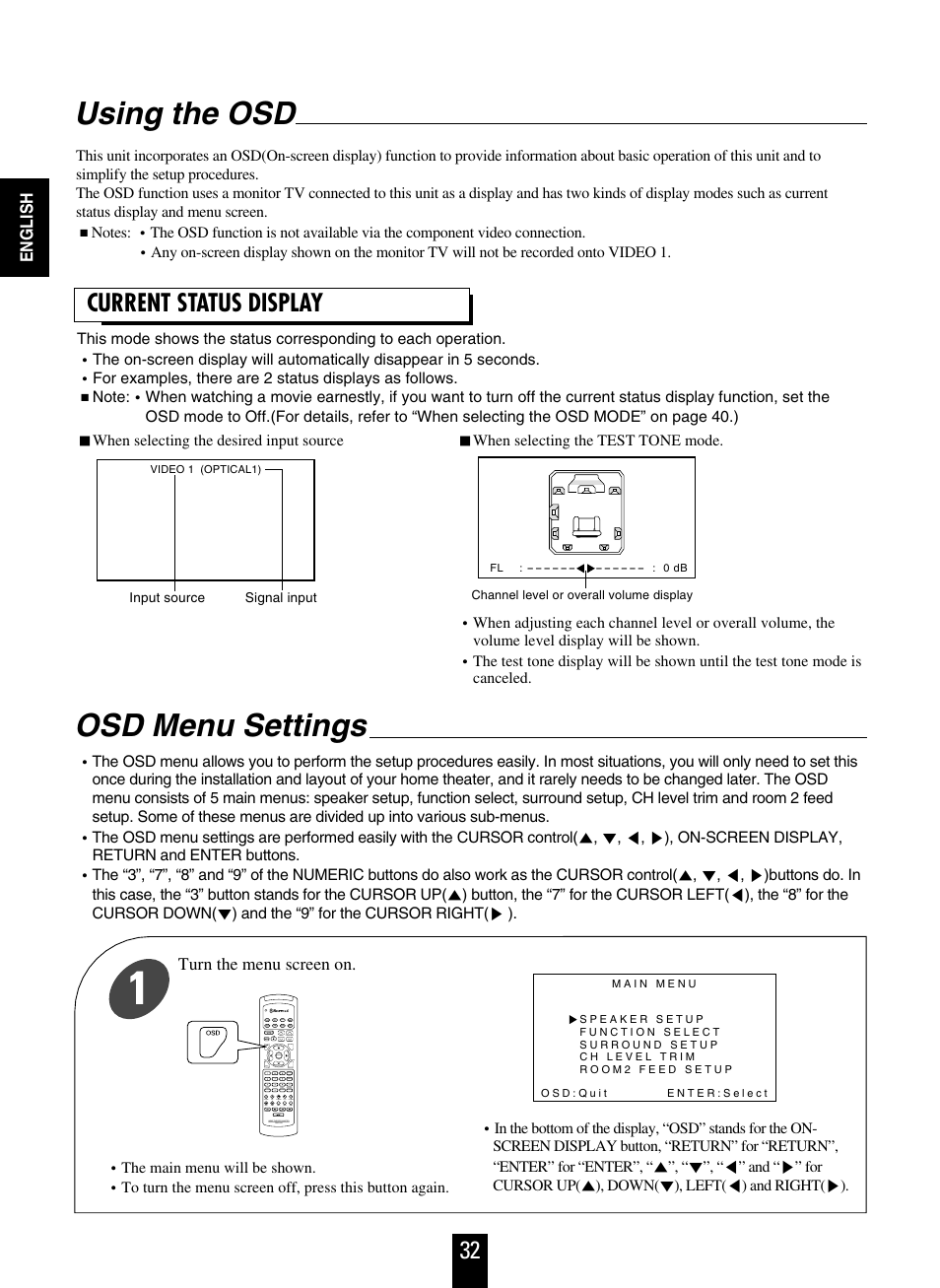 Using the osd, Osd menu settings, Current status display | Sherwood R-863 User Manual | Page 32 / 48