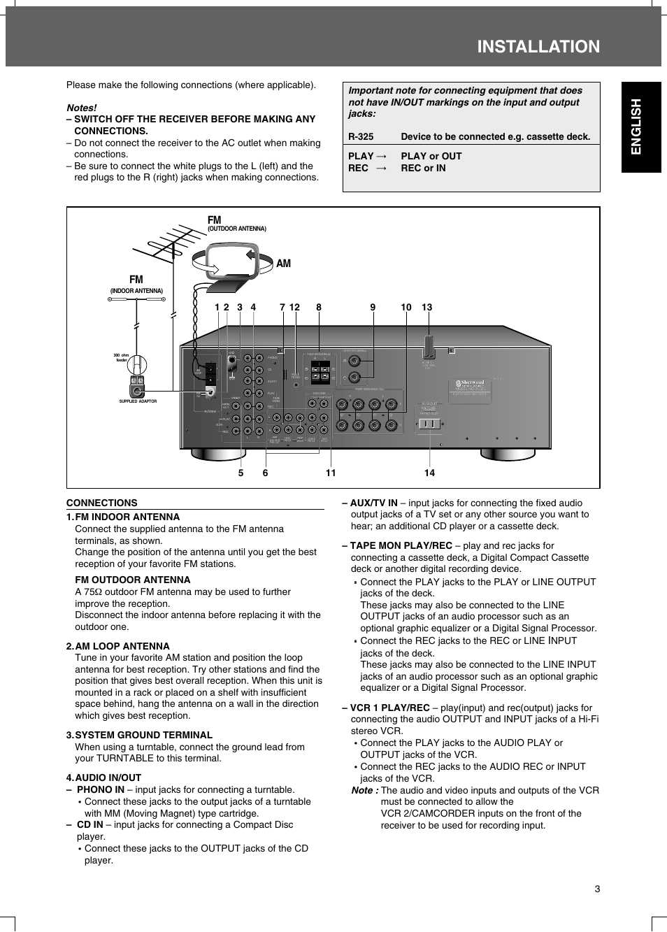 Installation, English, Fm am | Connect the rec jacks to the rec or line | Sherwood R-325 User Manual | Page 3 / 13