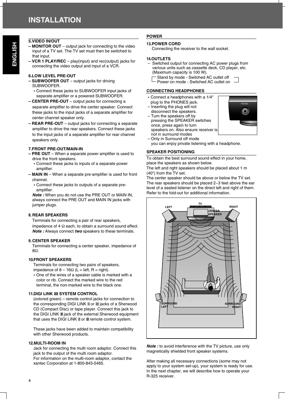 Installation, English | Sherwood R-325 User Manual | Page 4 / 13