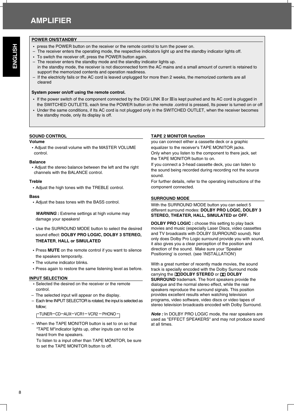Amplifier, English | Sherwood R-325 User Manual | Page 8 / 13