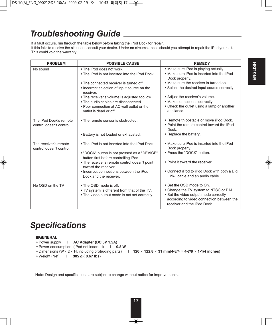 Troubleshooting guide, Specifications | Sherwood DS-10 User Manual | Page 17 / 18