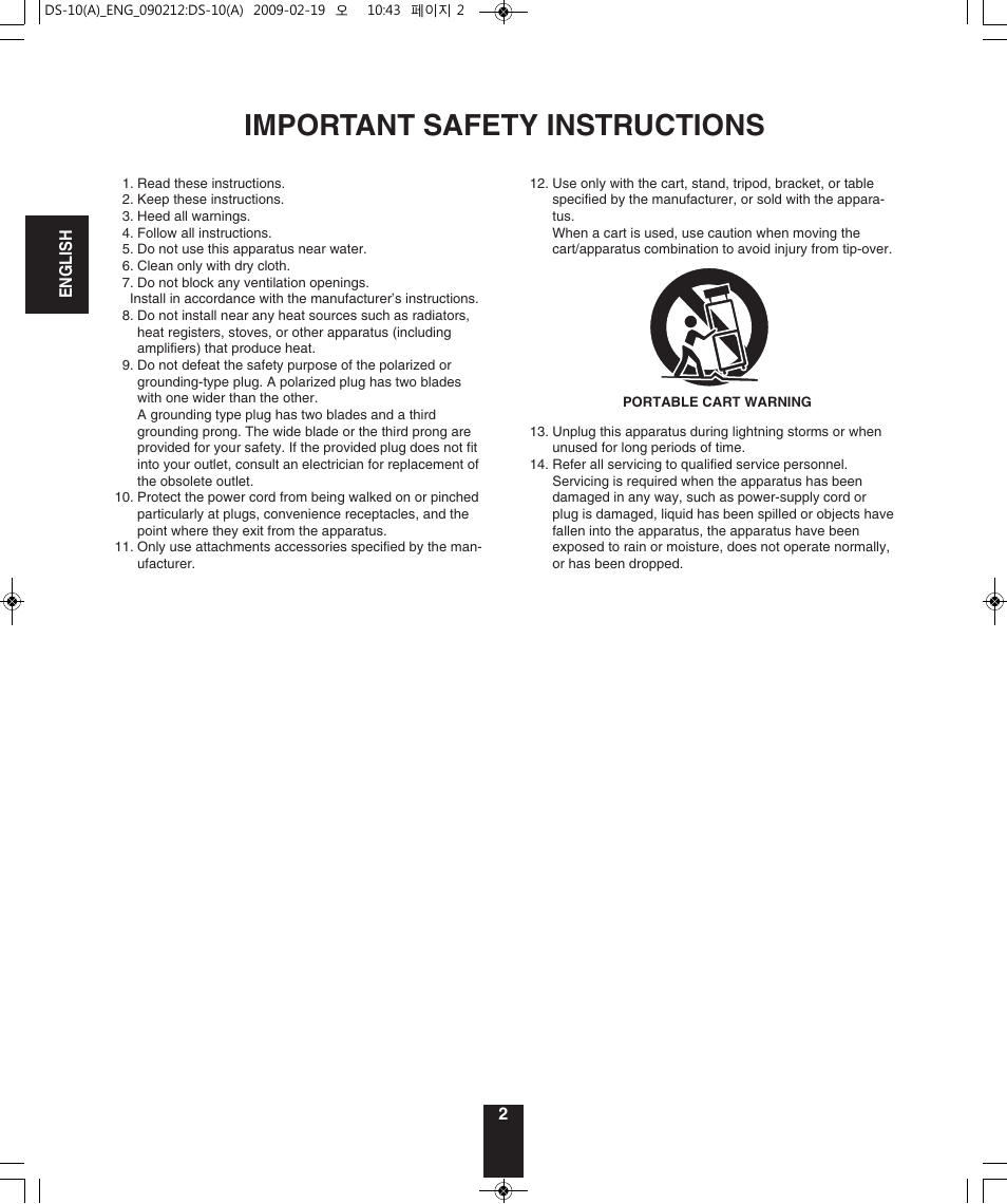 Important safety instructions | Sherwood DS-10 User Manual | Page 2 / 18