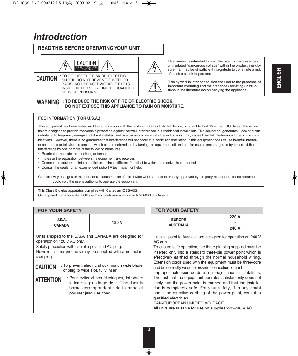 Introduction, Caution warning, Caution attention | Sherwood DS-10 User Manual | Page 3 / 18