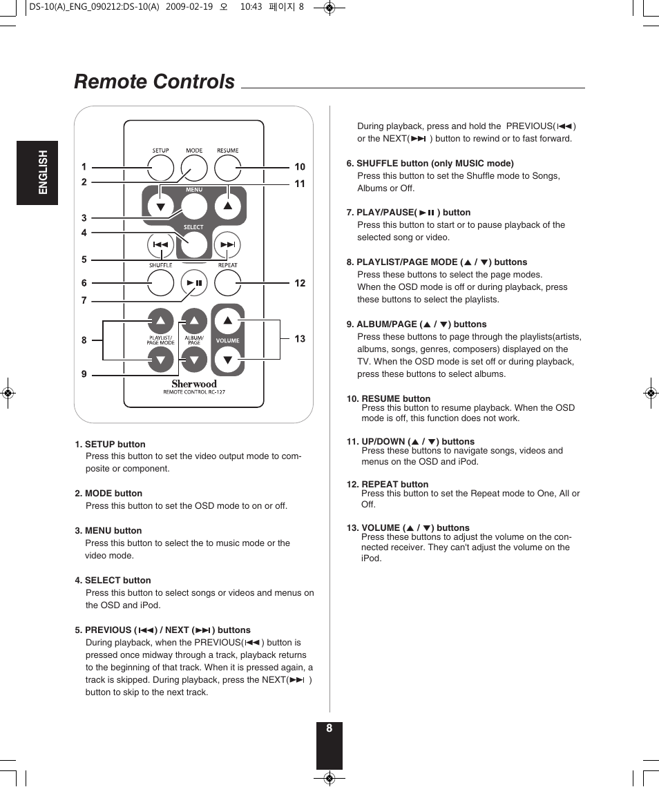 Remote controls | Sherwood DS-10 User Manual | Page 8 / 18