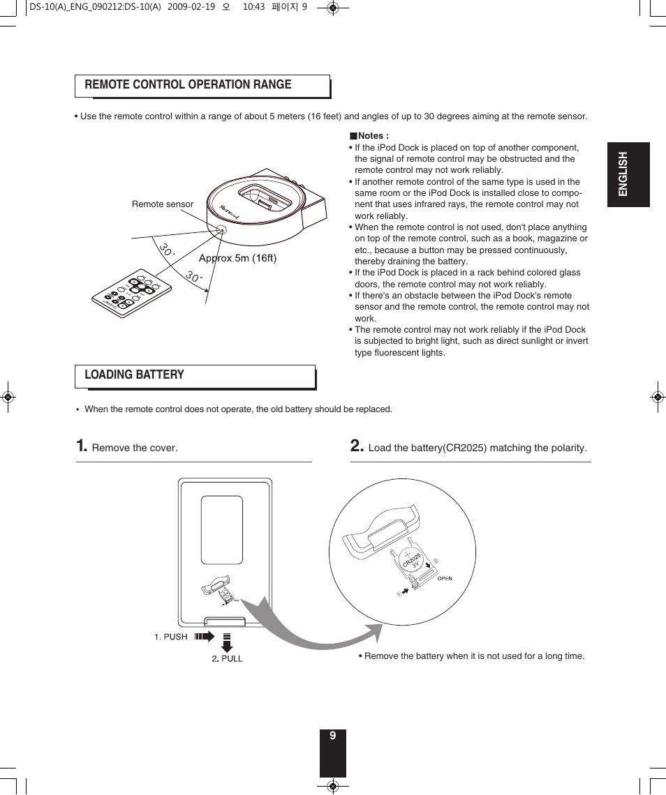 Remote control operation range, Loading battery | Sherwood DS-10 User Manual | Page 9 / 18