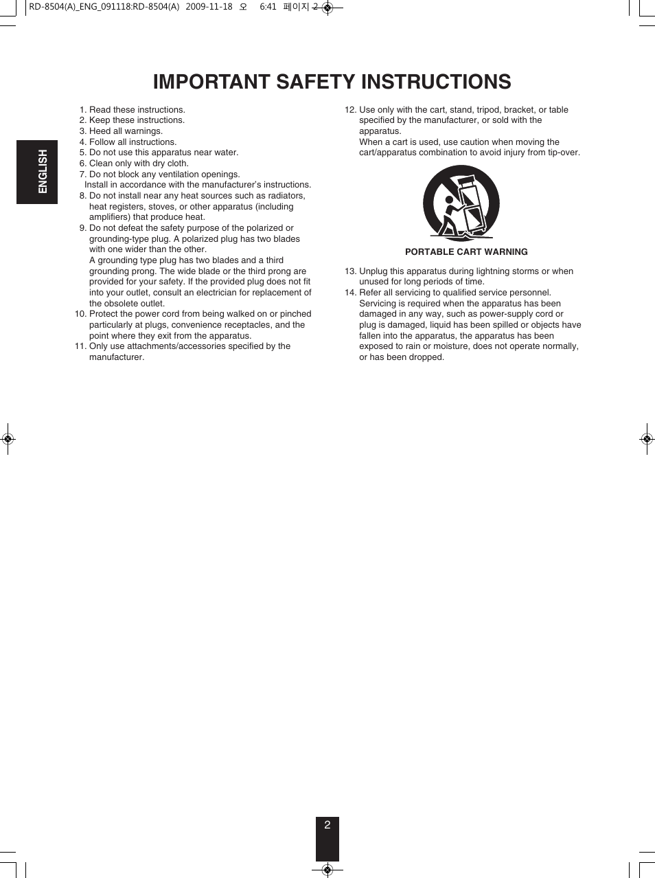 Important safety instructions | Sherwood RD-8504 User Manual | Page 2 / 71